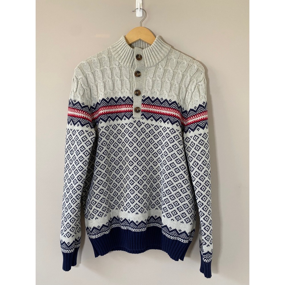 IZOD Mens Large Fair Isle Cable Knit Quarter Button Mock Neck Sweater Navy Cream